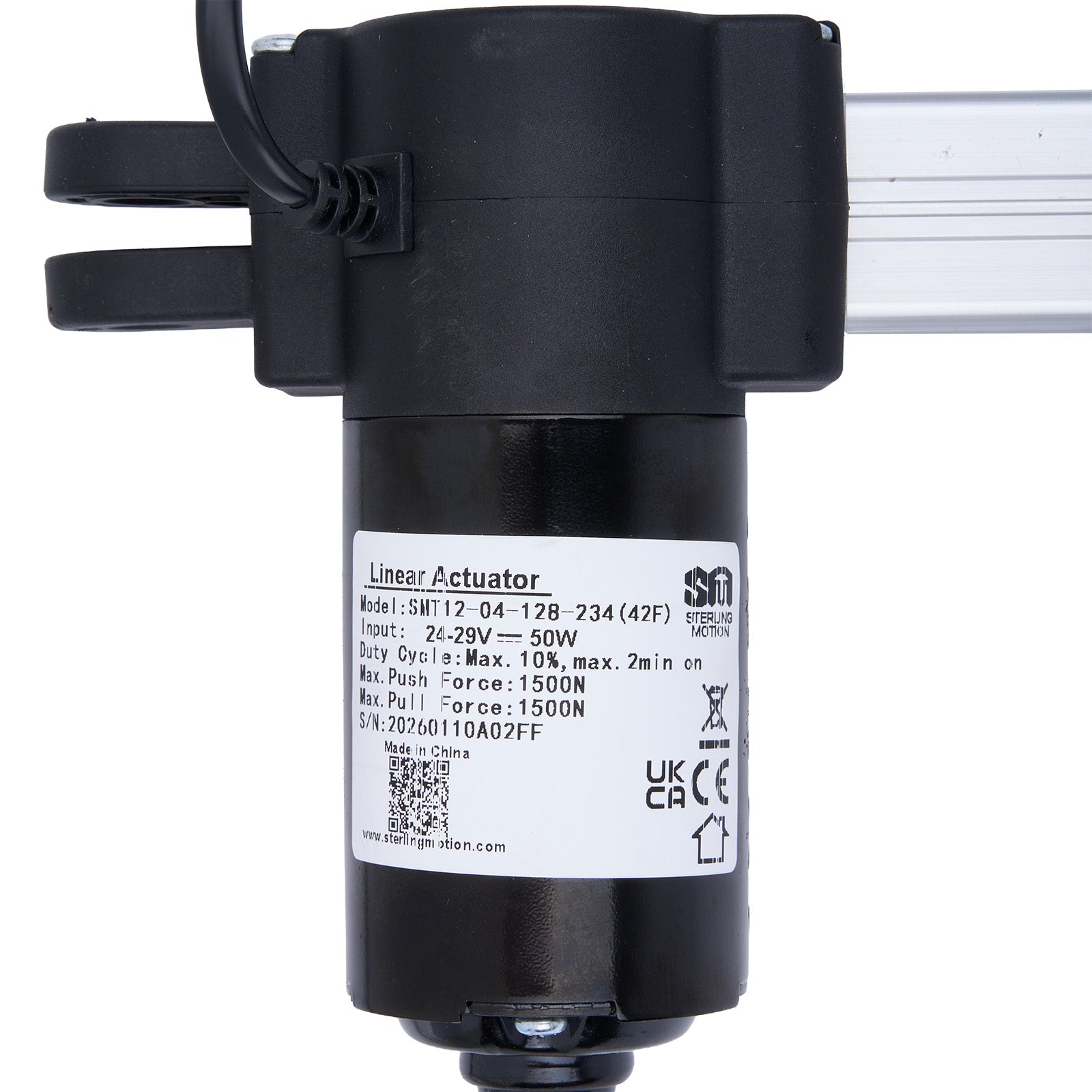 Black linear actuator with label on a white background