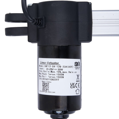 Black linear actuator with label on a white background