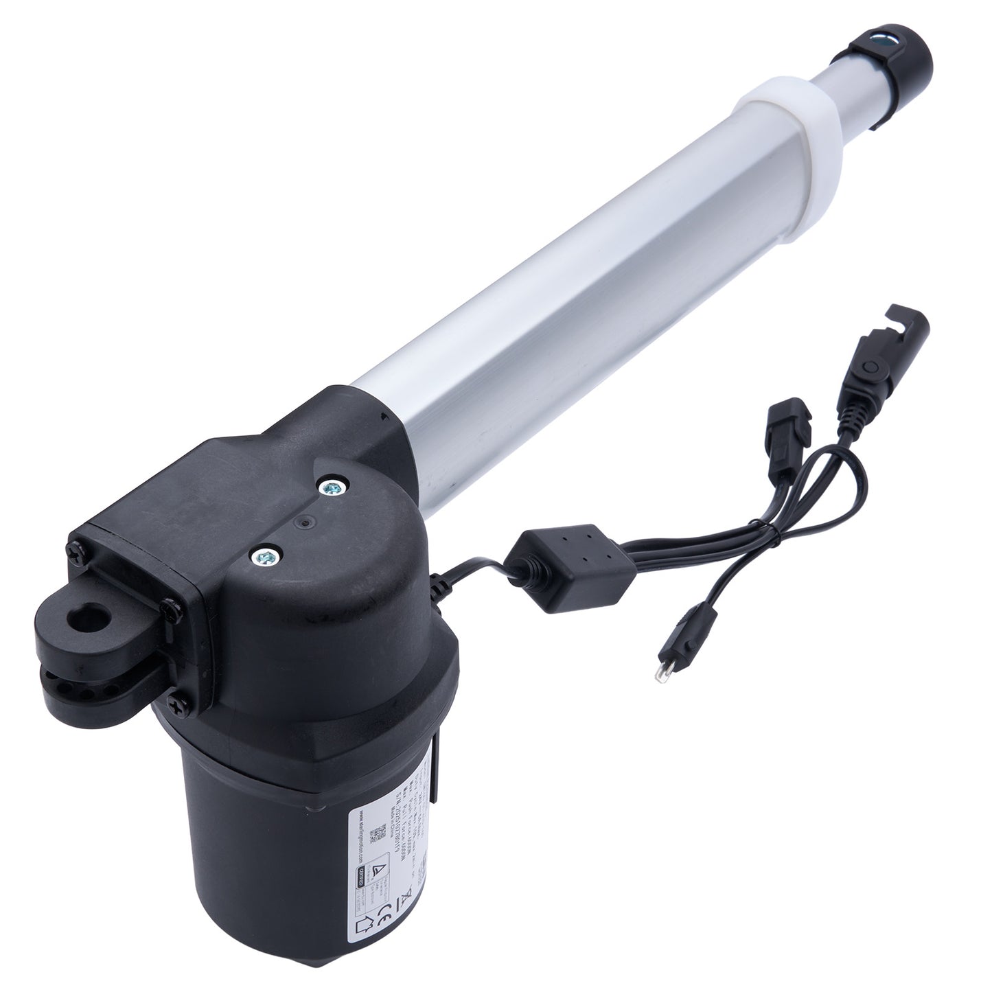 Linear actuator with black housing and white cylindrical rod on a white background