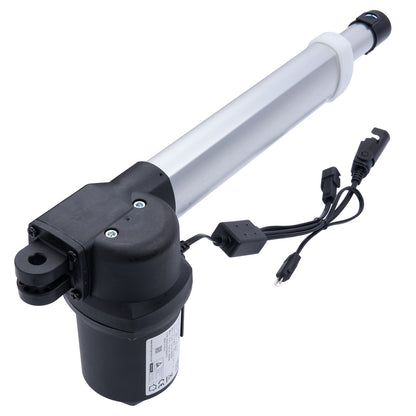 Linear actuator with black housing and white cylindrical rod on a white background