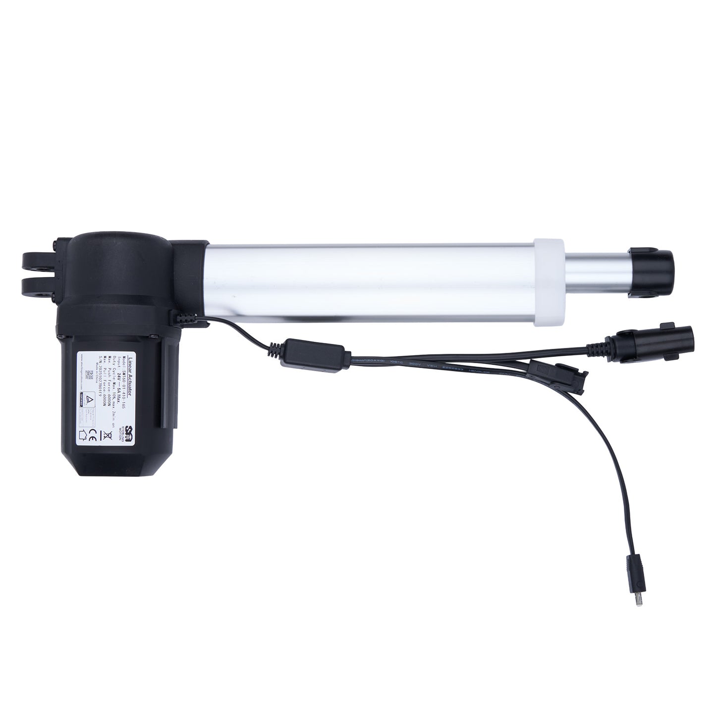 Linear actuator with black and white design on a white background