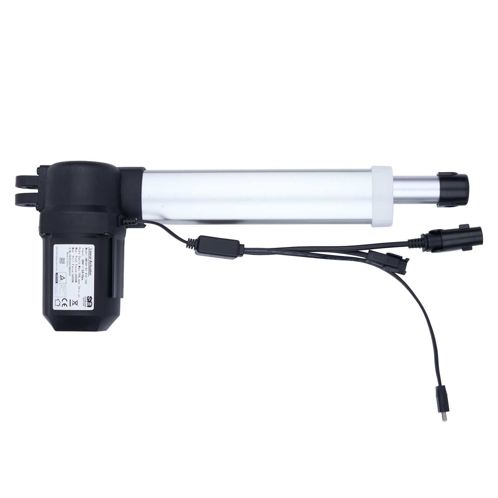 Linear actuator with black and white design on a white background