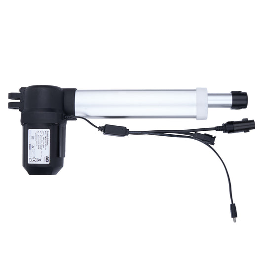 Linear actuator with black and white design on a white background