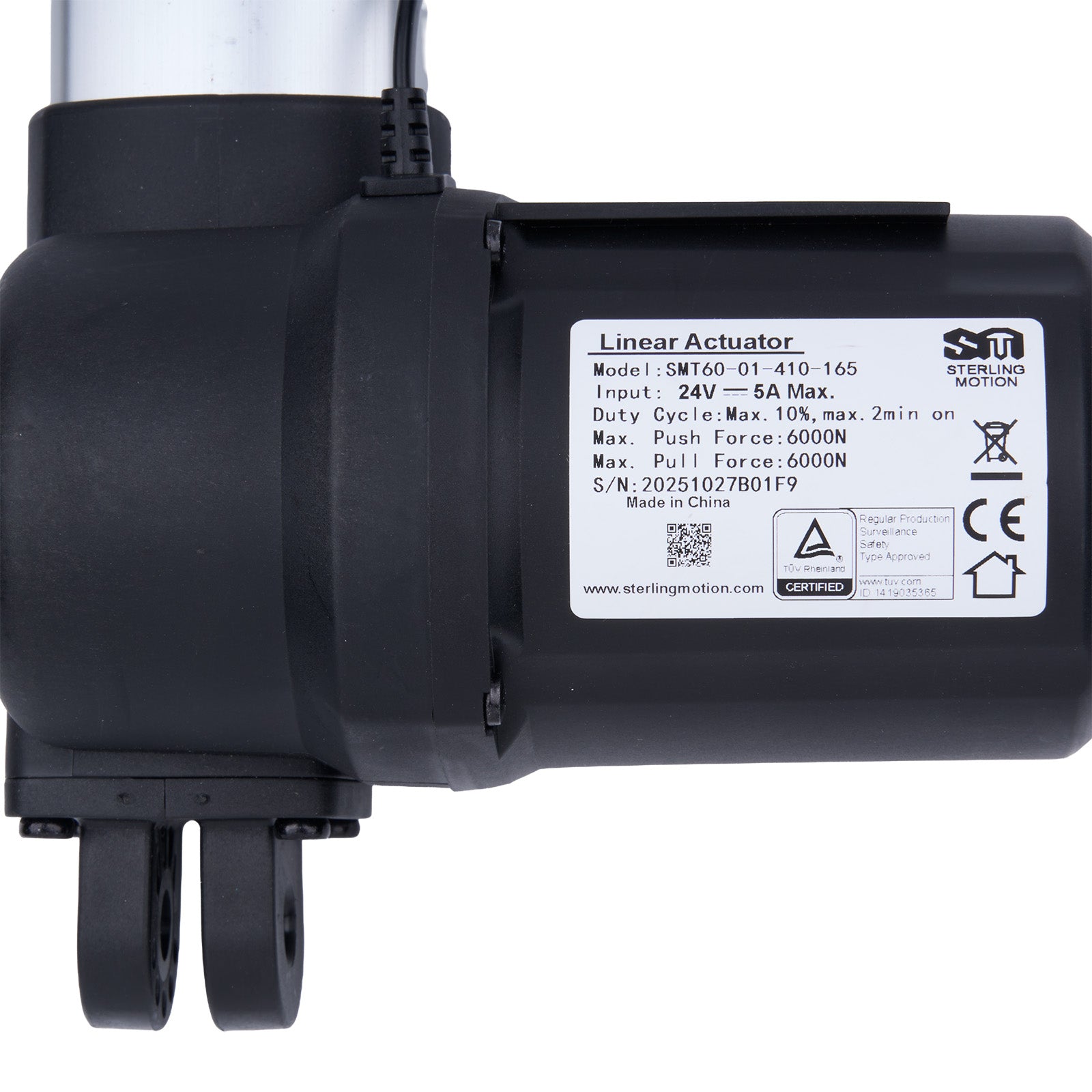 Black linear actuator with Sterling Motion label on a white background