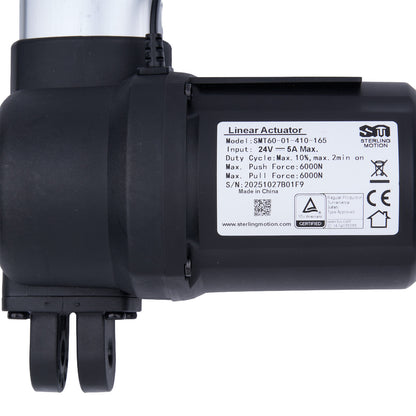 Black linear actuator with Sterling Motion label on a white background