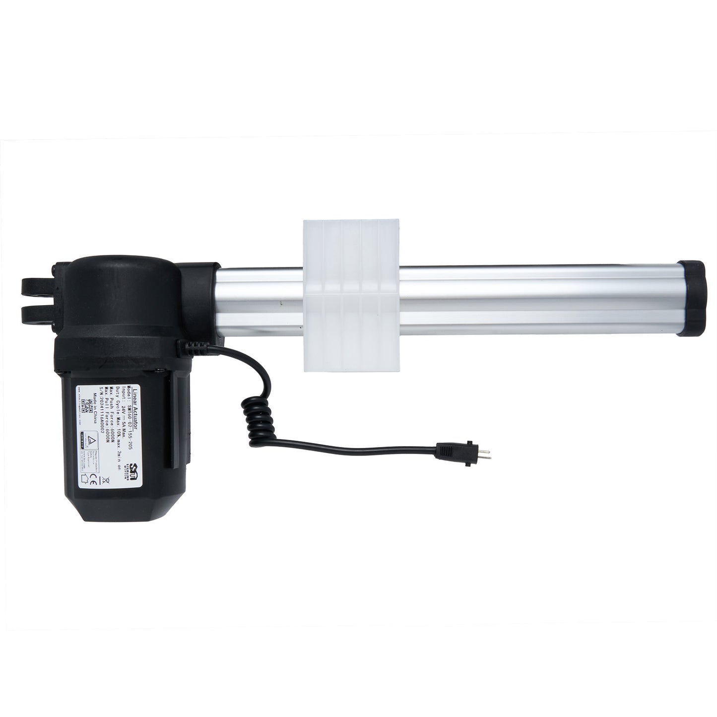 A black linear actuator for recliner or lift chair with a metallic cylinder and a two-pin plug connected by a cable.