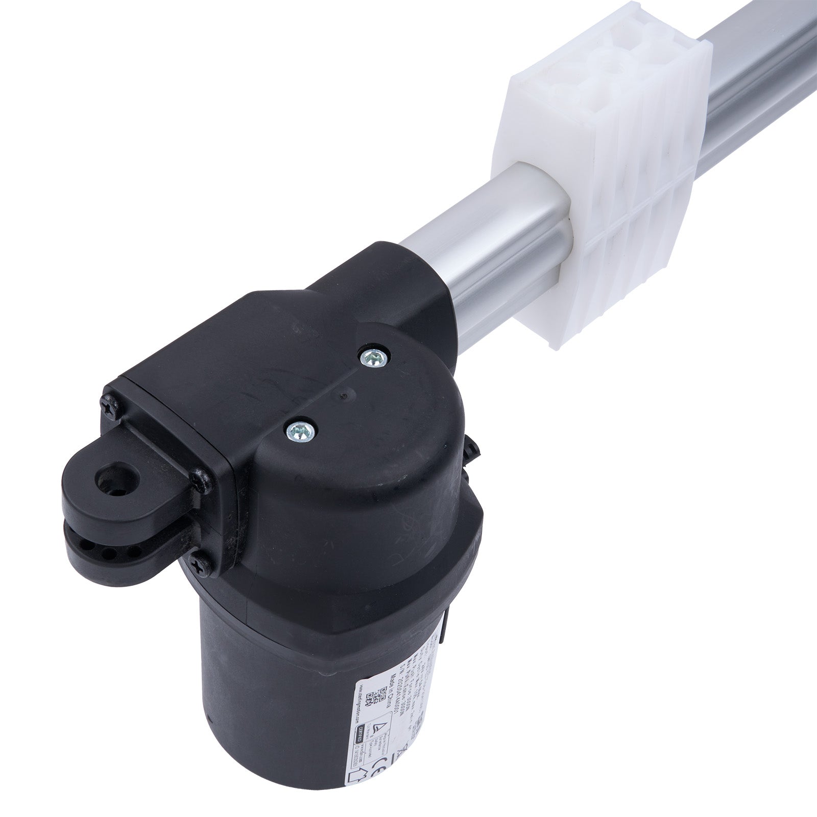 Black cylindrical motor with a white cable on a white background