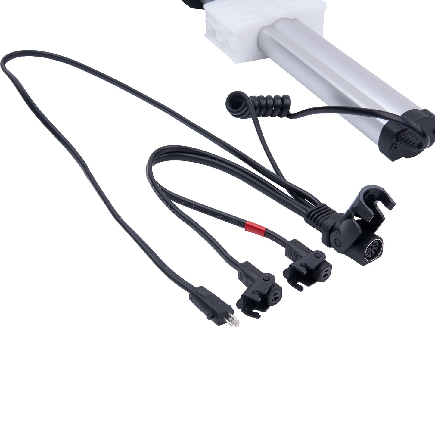 Set of electrical connectors and cables on a white background