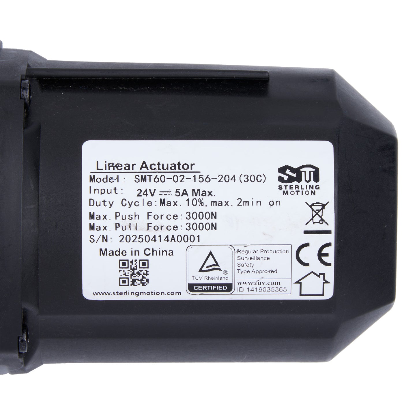 Black linear actuator with label on a white background