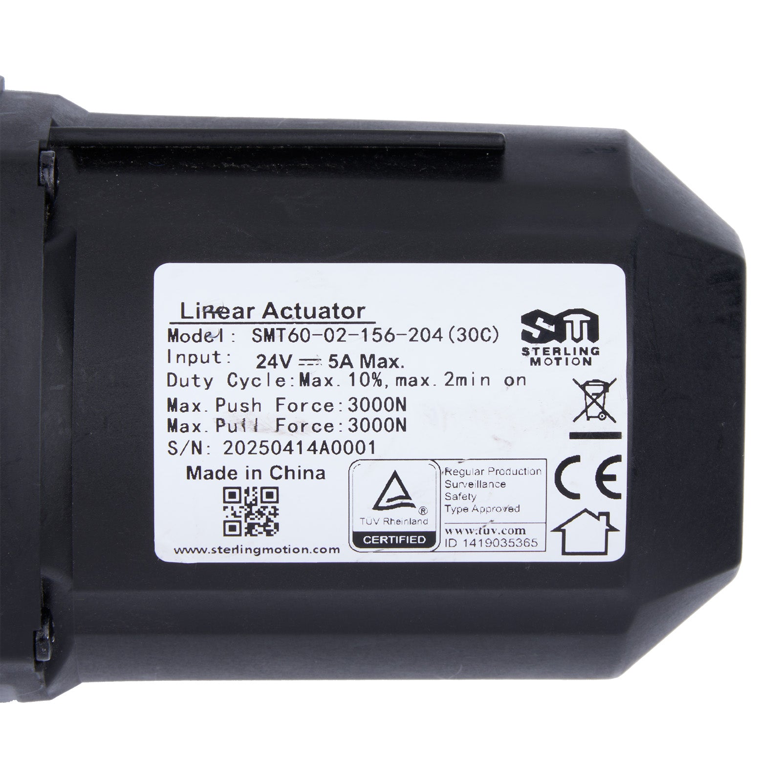 Black linear actuator with label on a white background