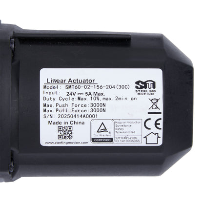 Black linear actuator with label on a white background