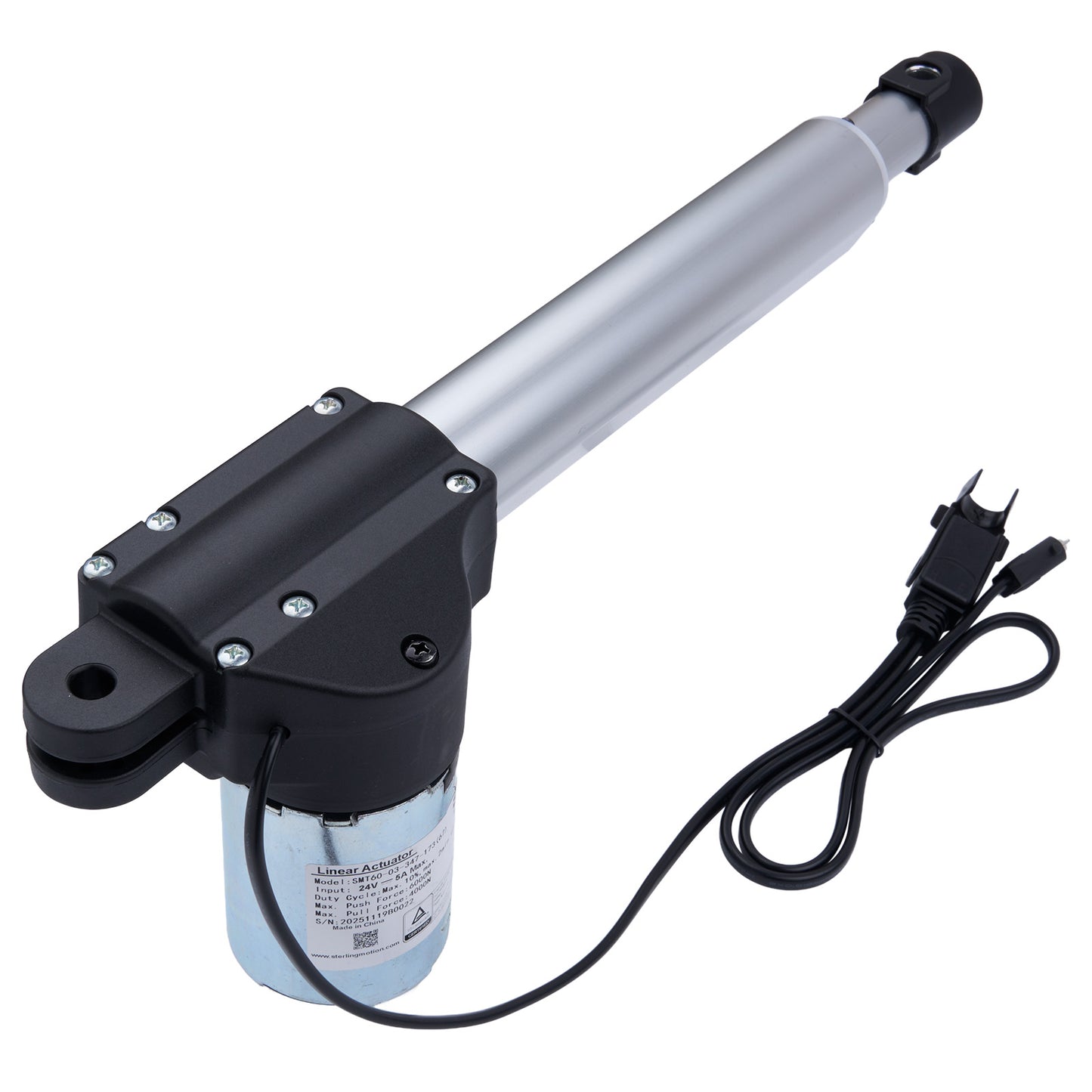 Electric actuator with power cord on a white background