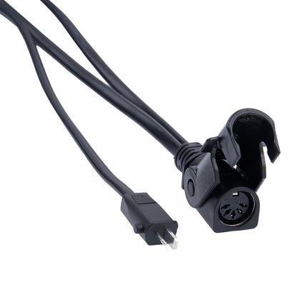 Black power cord with plug and connector on a white background