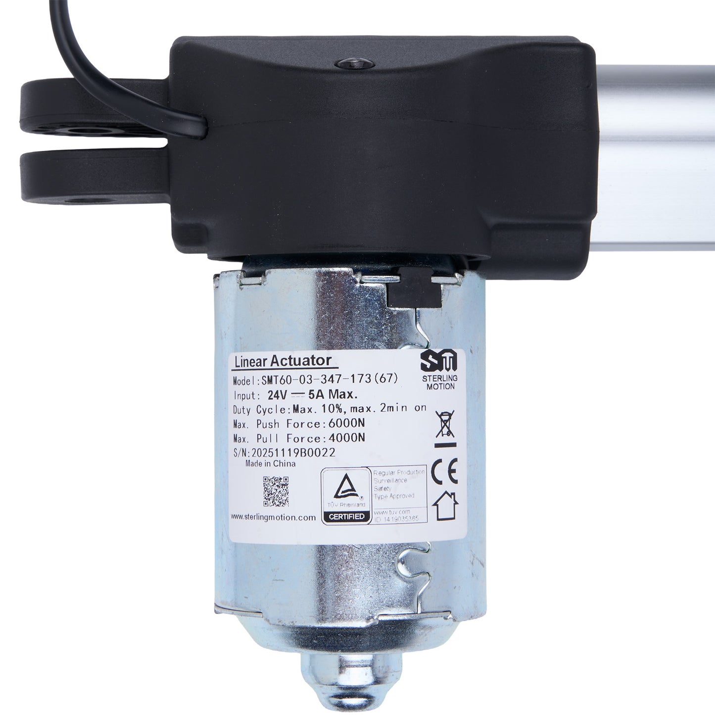 Linear actuator with visible branding and specifications on a white background