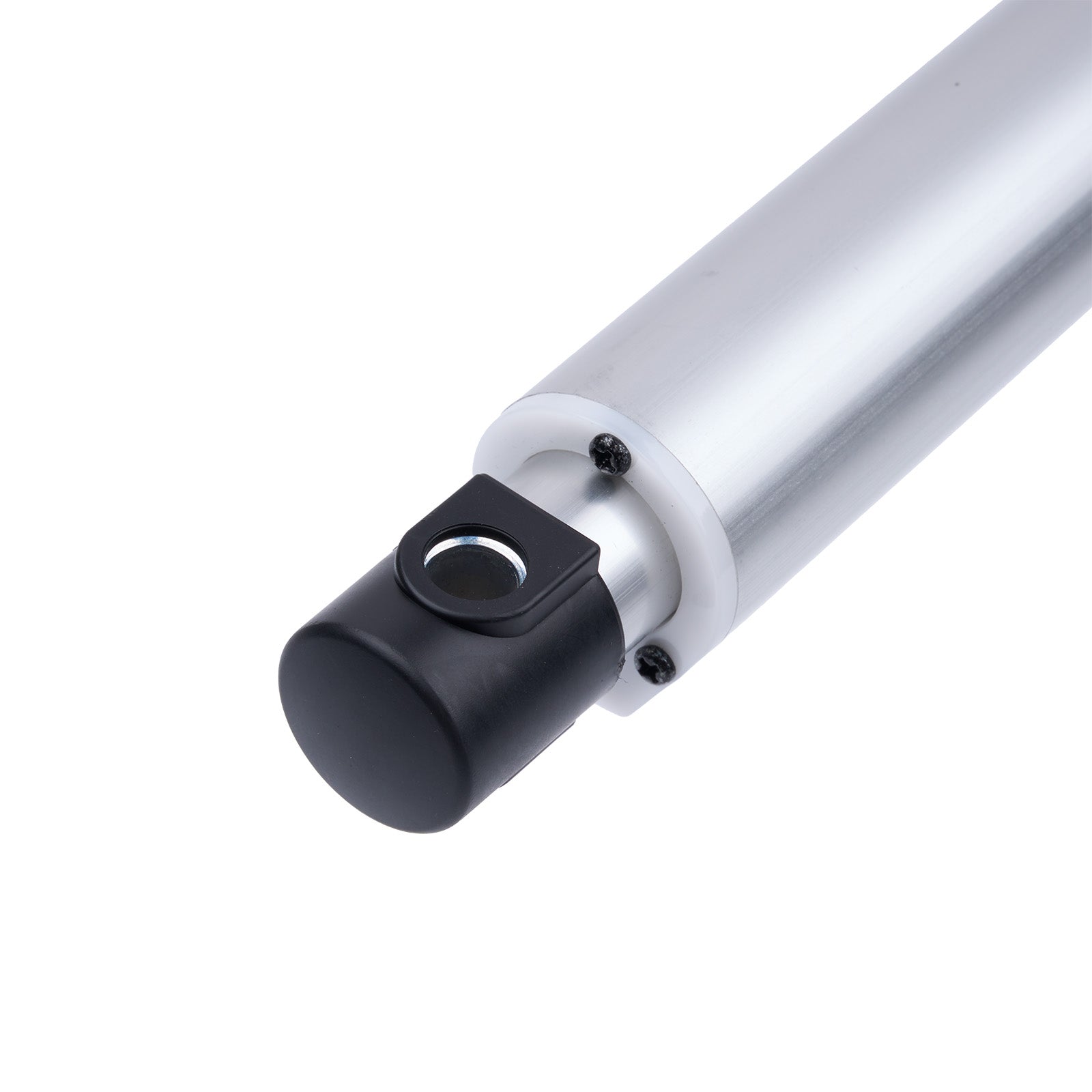 Close-up of a cylindrical metal component with a black fitting on a white background