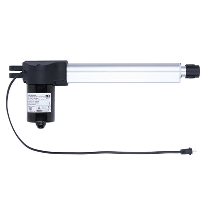 Linear actuator with black housing and visible branding on a white background