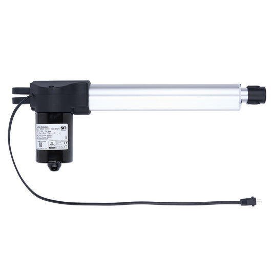 Linear actuator with black housing and visible branding on a white background