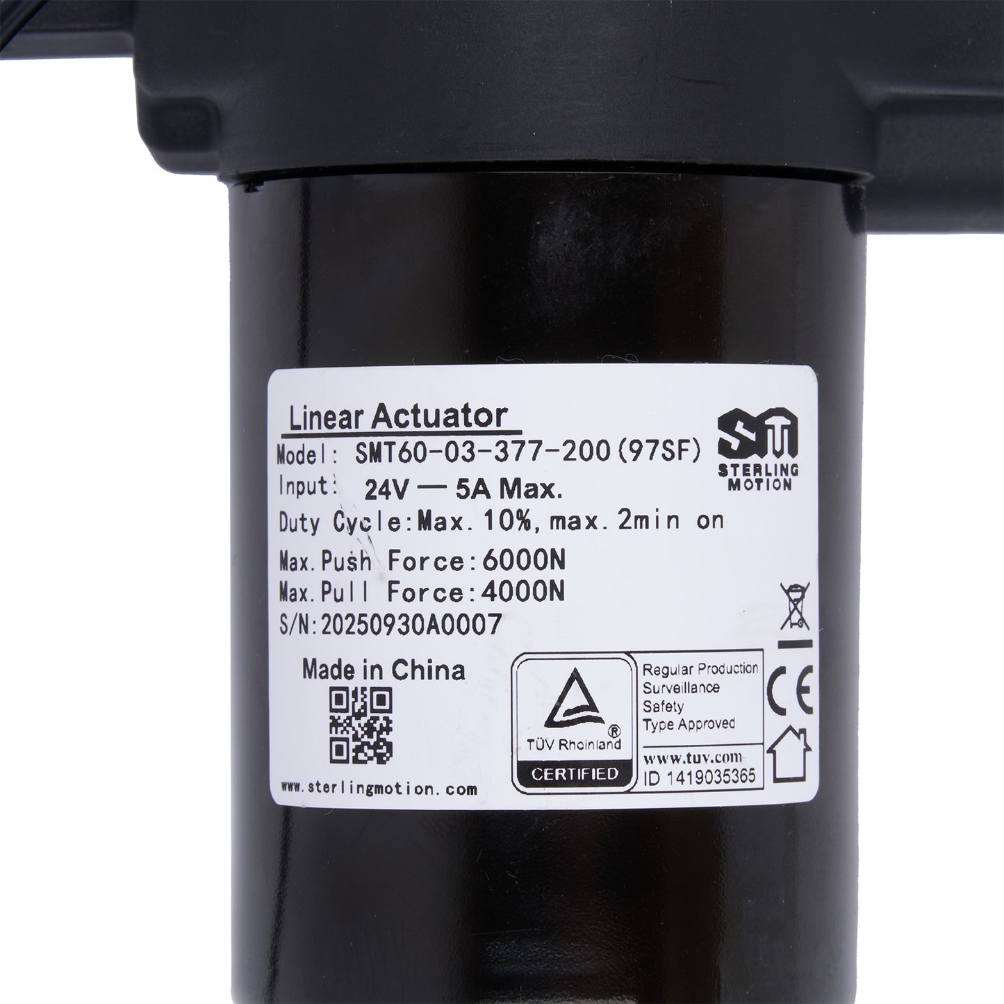 Linear actuator with a label displaying specifications on a white background