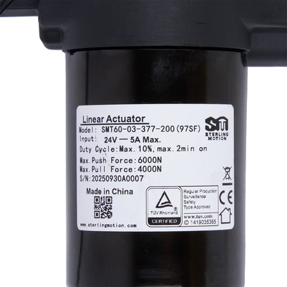 Linear actuator with a label displaying specifications on a white background