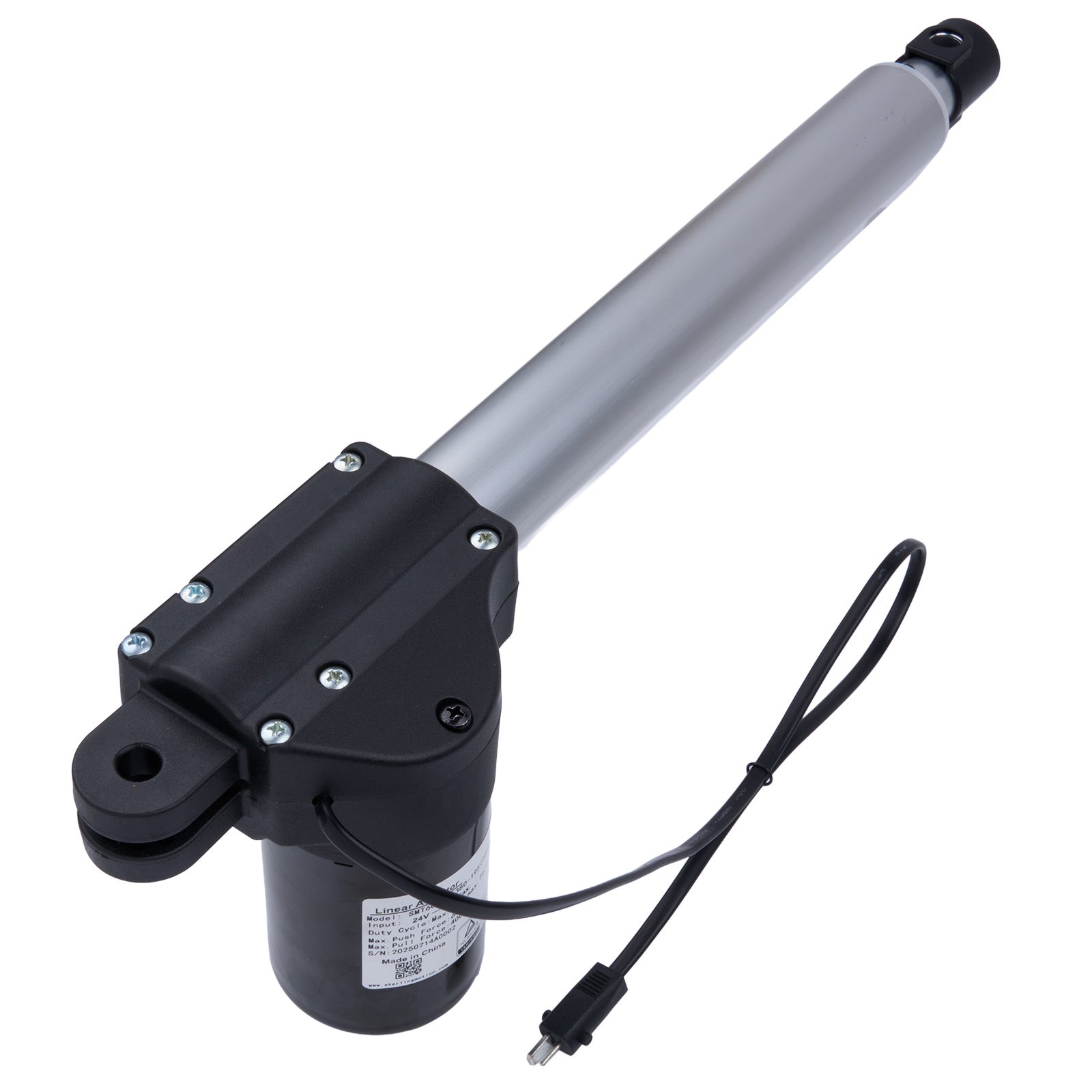 Linear actuator with black housing and gray cylindrical rod on a white background