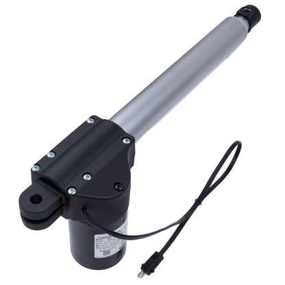 Linear actuator with black housing and gray cylindrical rod on a white background