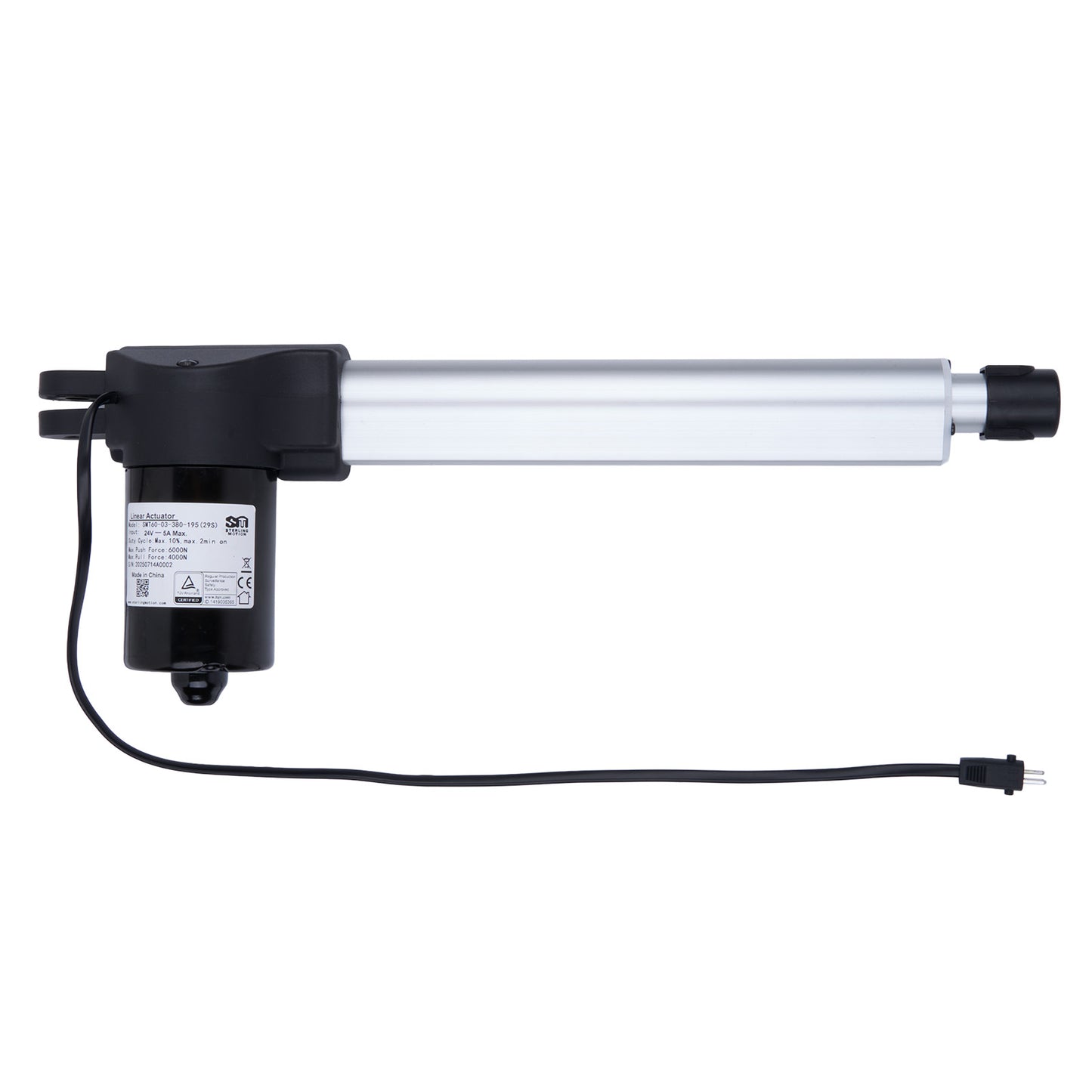 Linear actuator with black housing and cable on a white background
