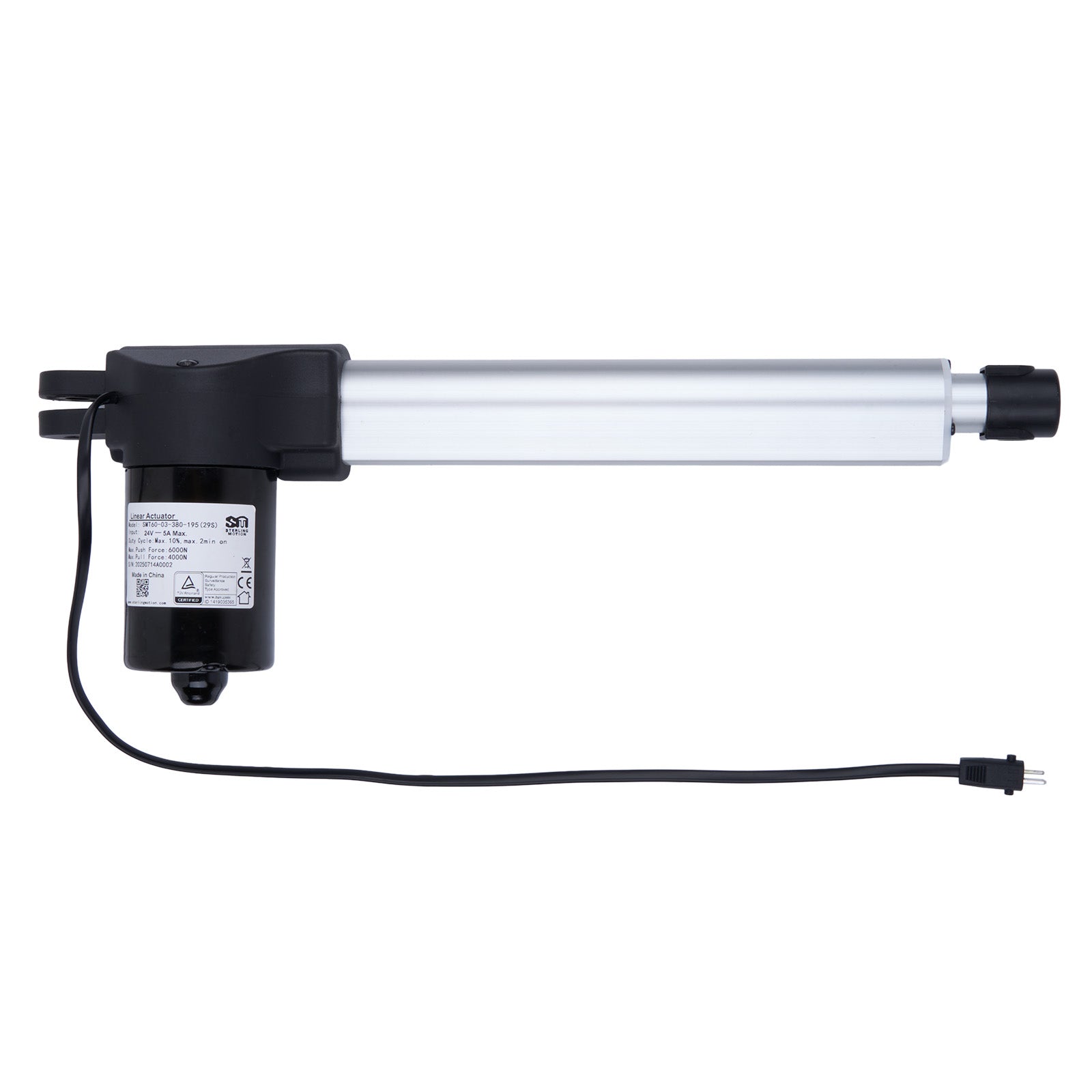 Linear actuator with black housing and cable on a white background