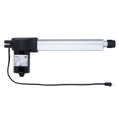Linear actuator with black housing and cable on a white background