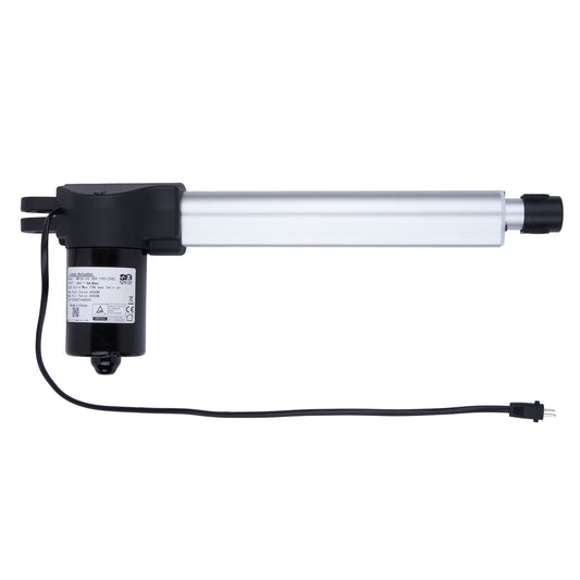 Linear actuator with black housing and cable on a white background