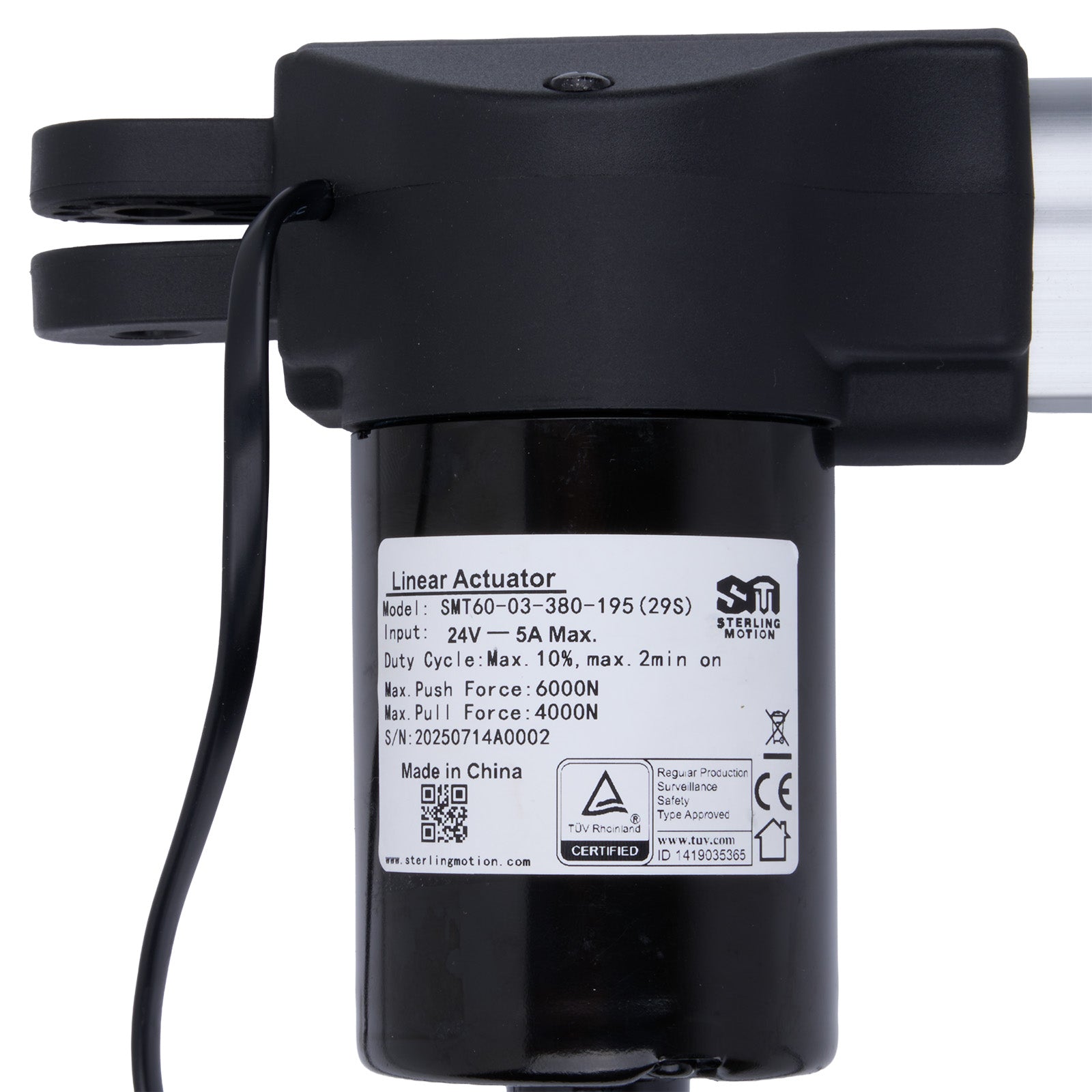 Black linear actuator with label on a white background