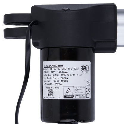 Black linear actuator with label on a white background