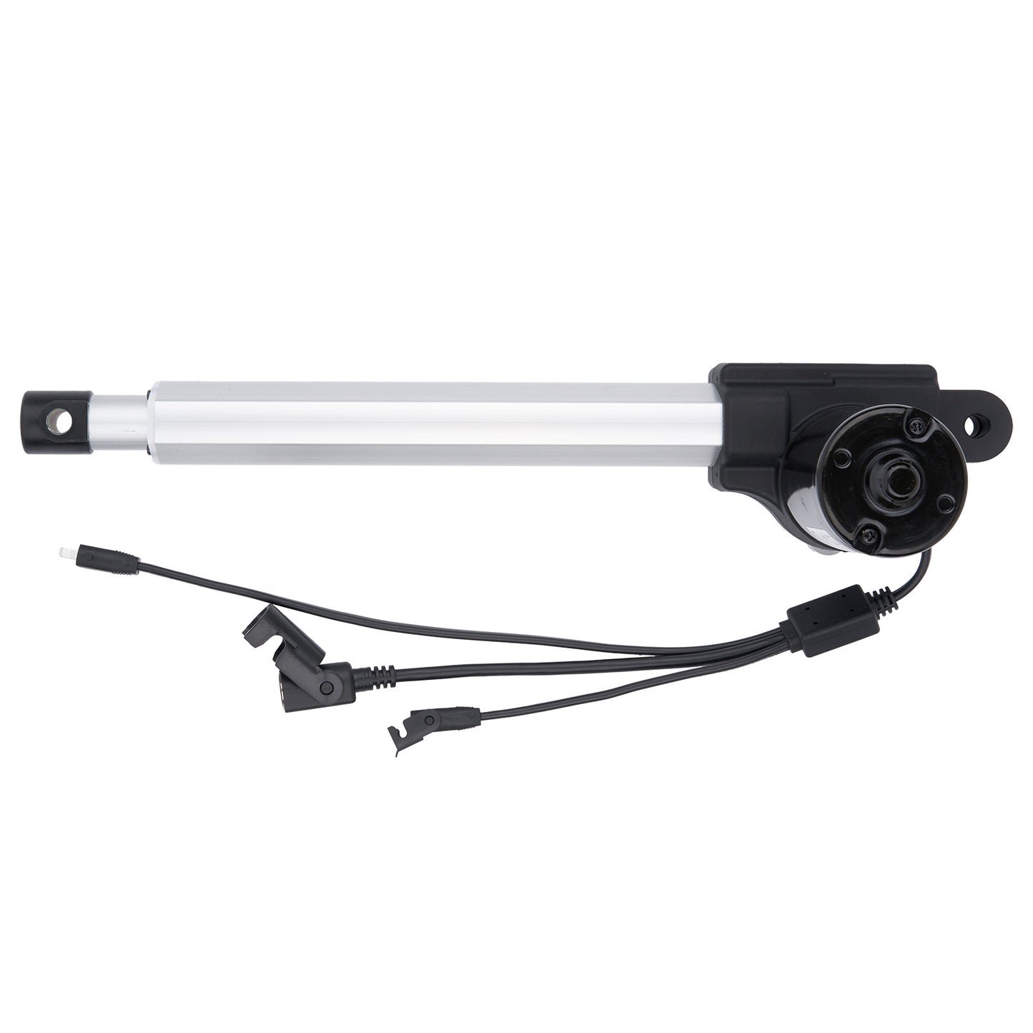 Motorized actuator with white shaft and black housing on a white background