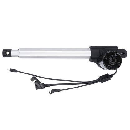 Motorized actuator with white shaft and black housing on a white background