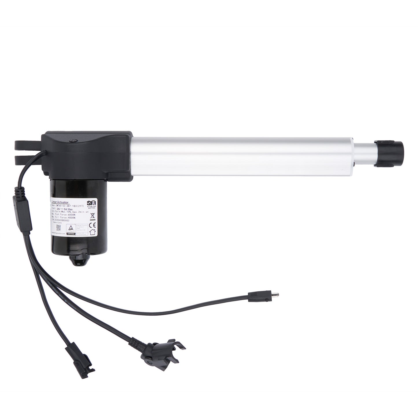 Linear actuator with black housing and wiring on a white background