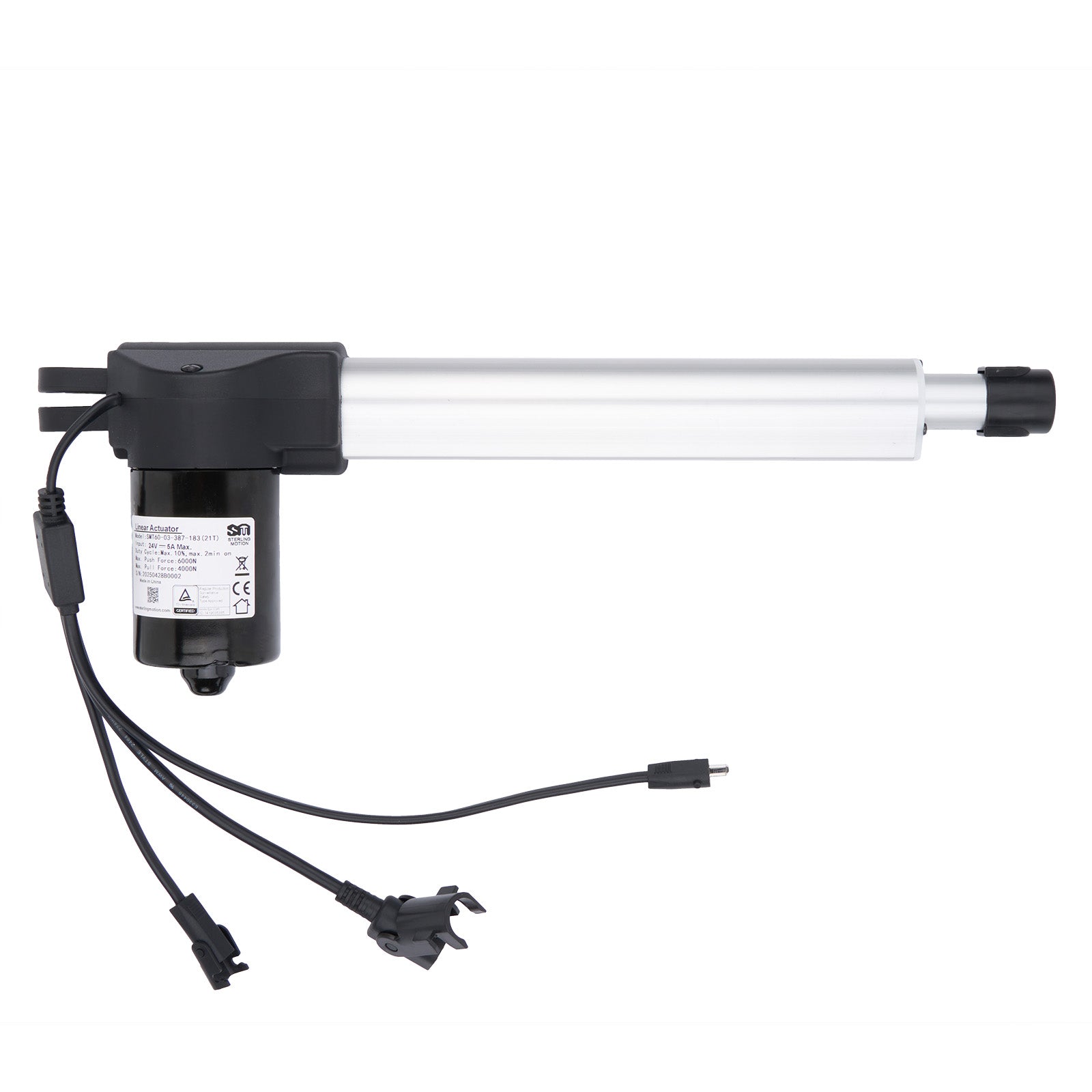 Linear actuator with black housing and wiring on a white background