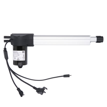 Linear actuator with black housing and wiring on a white background