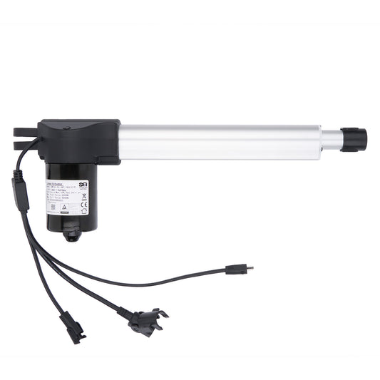 Linear actuator with black housing and wiring on a white background