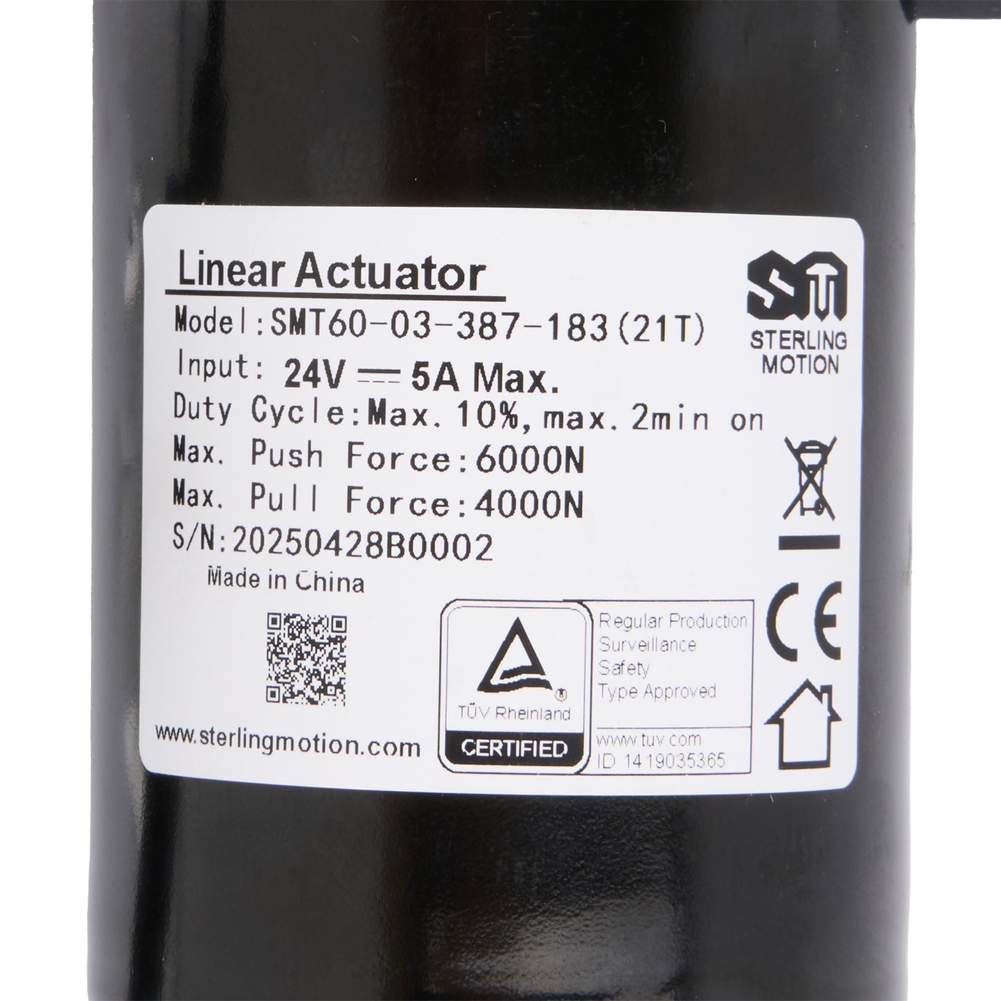 Label on a linear actuator with technical specifications and branding.