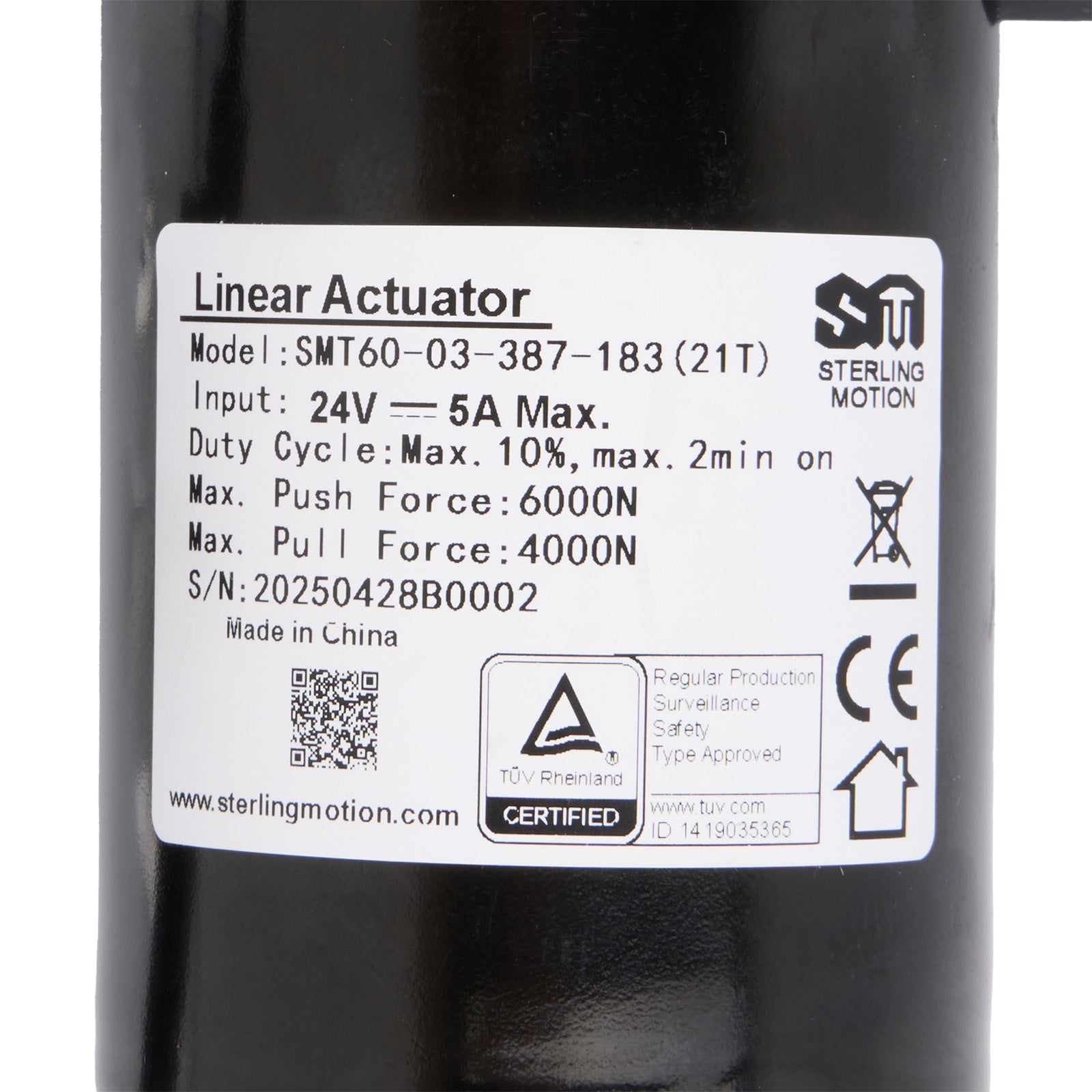 Label on a linear actuator with technical specifications and branding.