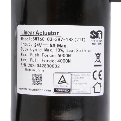 Label on a linear actuator with technical specifications and branding.