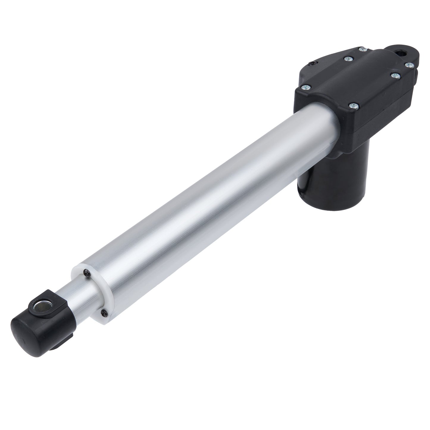 Metallic cylindrical component with black ends on a white background