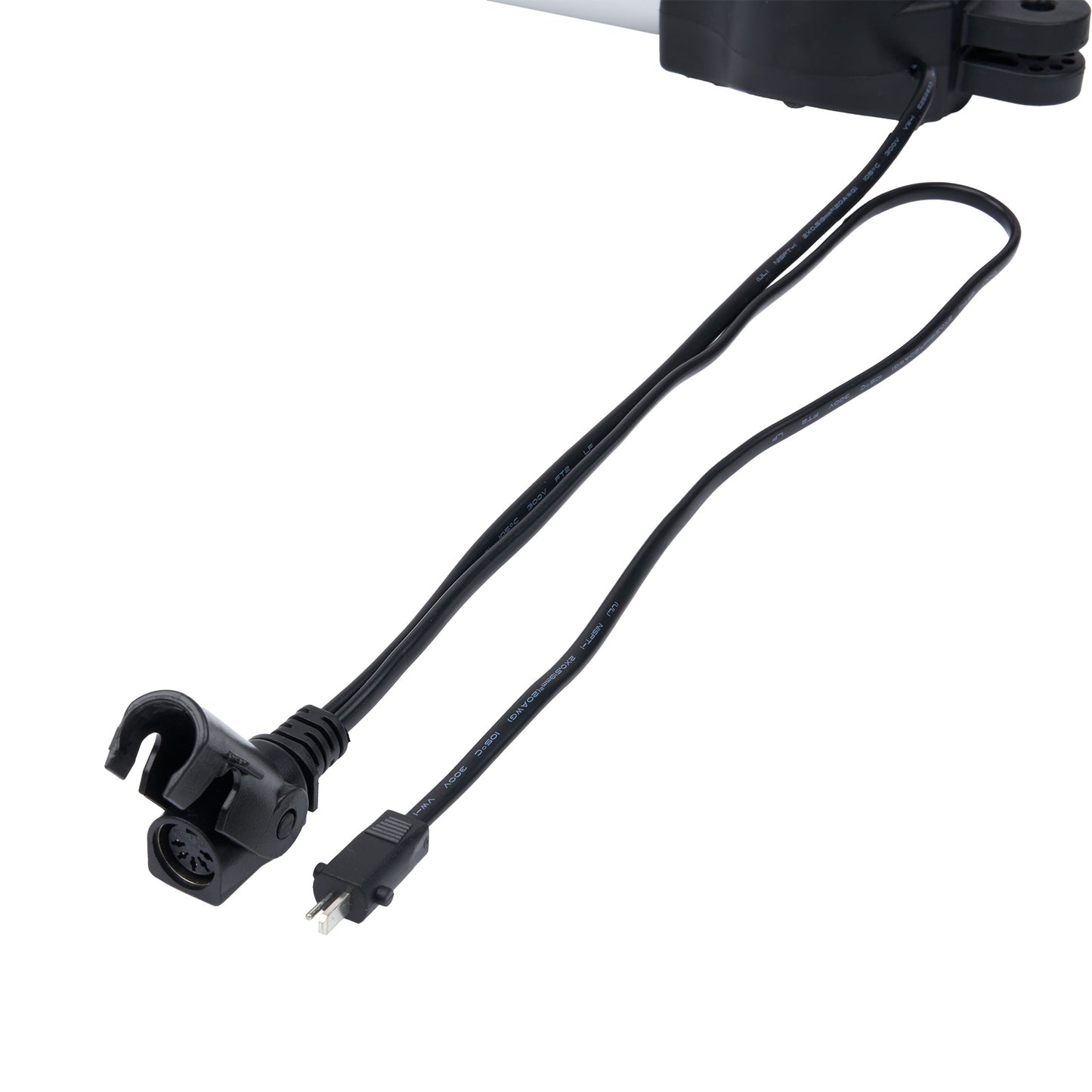 Black power cable with plug on a white background