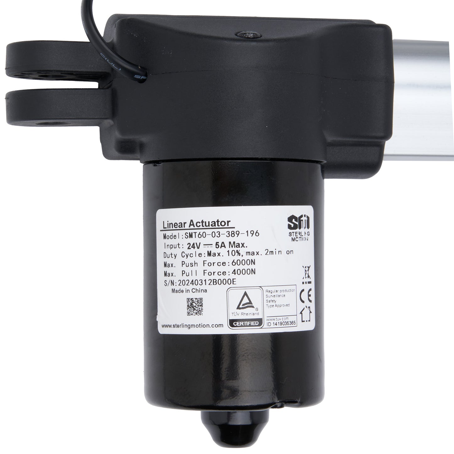 Black linear actuator with visible branding and specifications on a white background