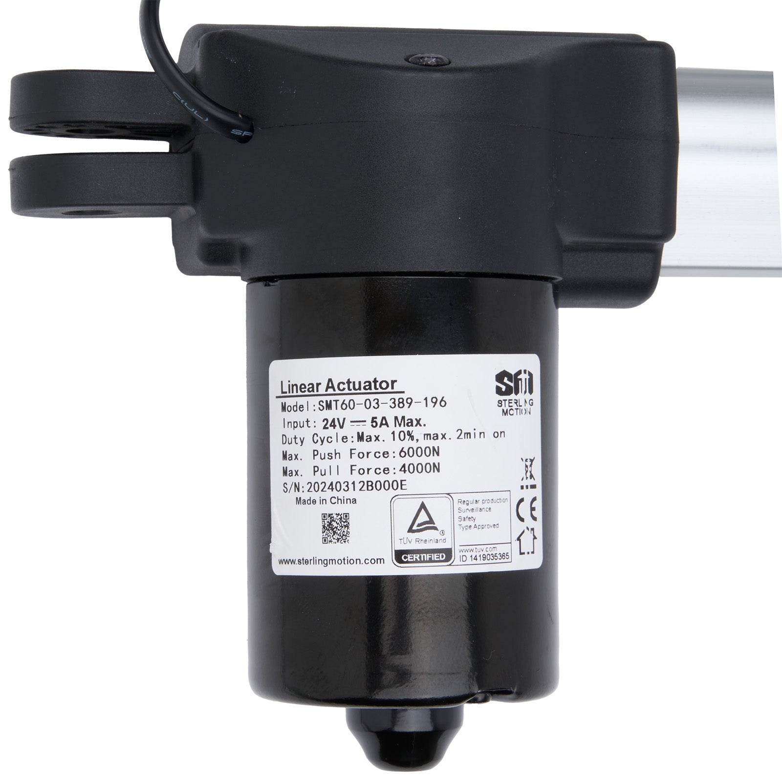 Black linear actuator with visible branding and specifications on a white background
