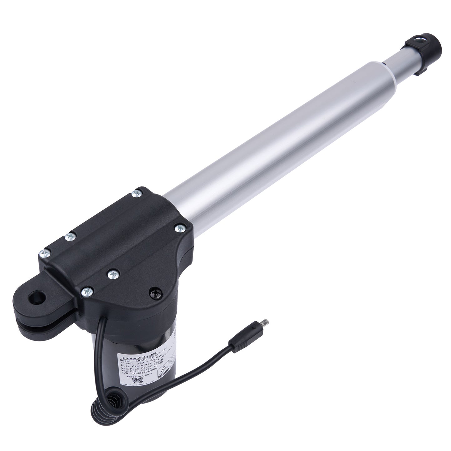 Mechanical actuator with a black housing and silver rod on a white background
