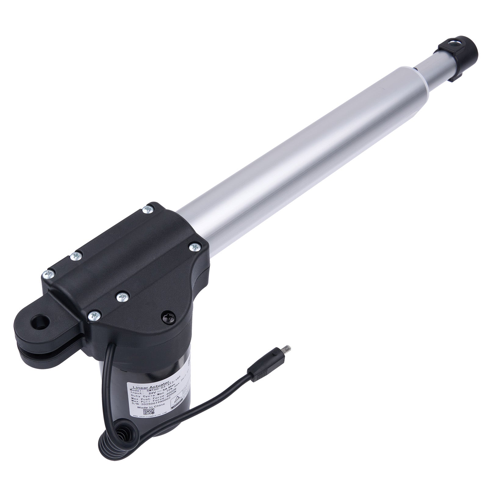 Mechanical actuator with a black housing and silver rod on a white background