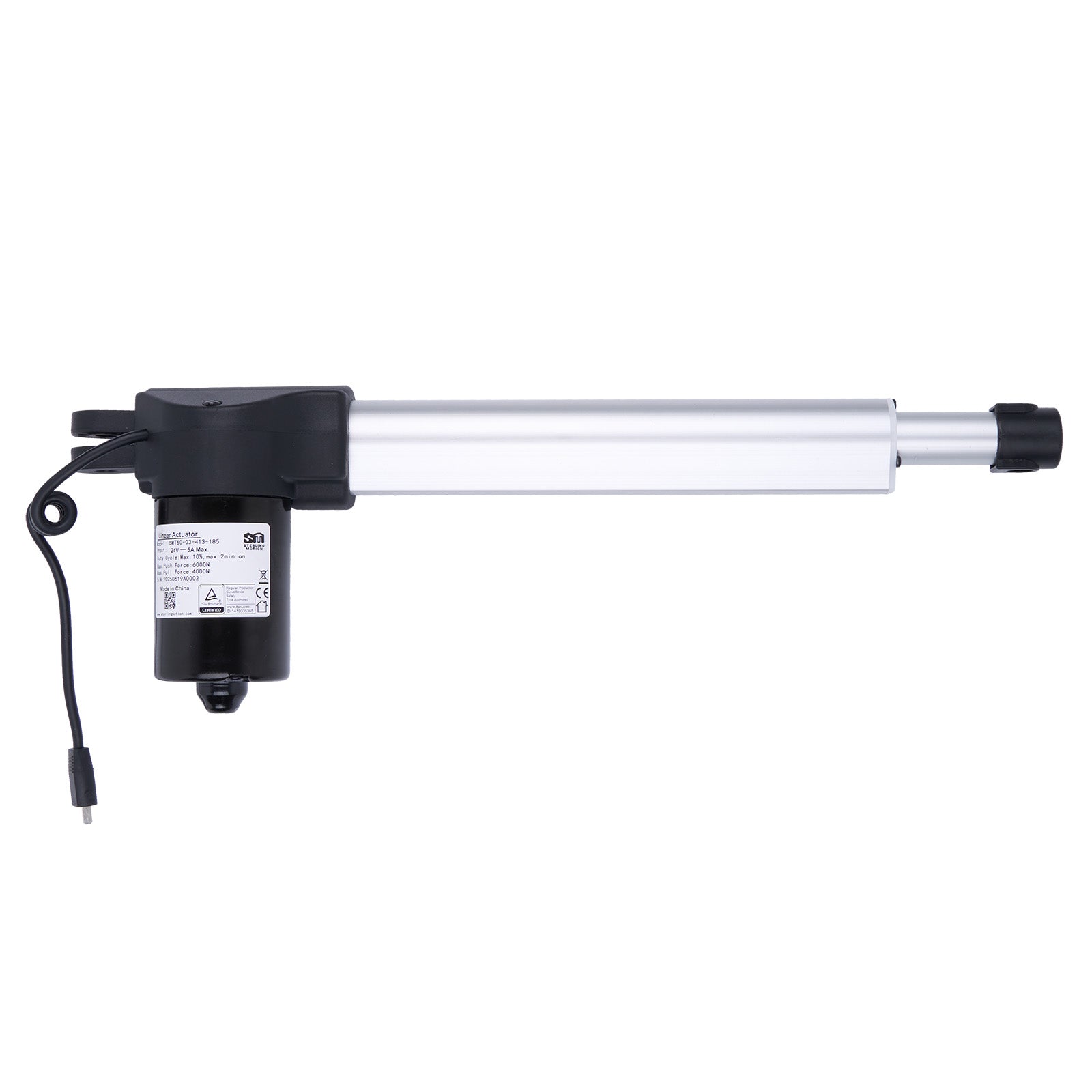 Linear actuator with black control unit on a white background