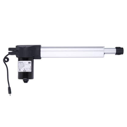 Linear actuator with black control unit on a white background
