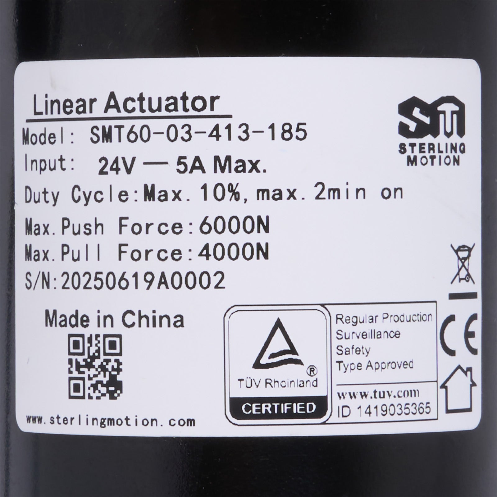 Label on a linear actuator with technical specifications and certification logos.