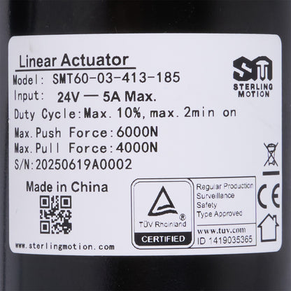 Label on a linear actuator with technical specifications and certification logos.